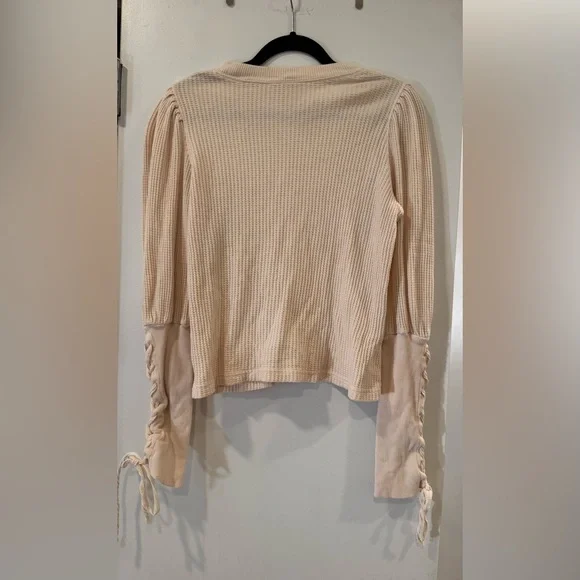 Women's Top waffle thermal long sleeve laceup light pink free people 100% cotton - Picture 3 of 6
